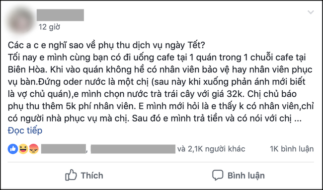 Tranh cãi câu chuyện quán cafe phụ thu 5 nghìn đồng ngày mùng 1 Tết, từ chối bán nước vì khách thắc mắc