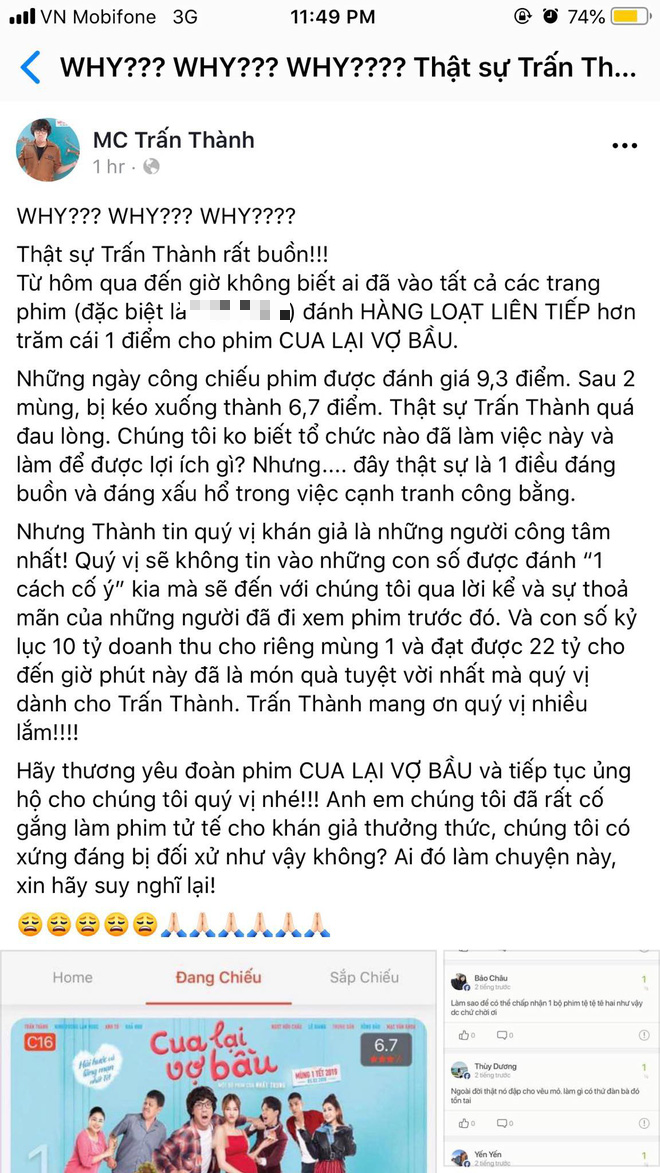 Ngang nhiên bị chơi xấu hạ điểm đánh giá phim, Trấn Thành phẫn nộ lên tiếng ngay mùng 2 Tết