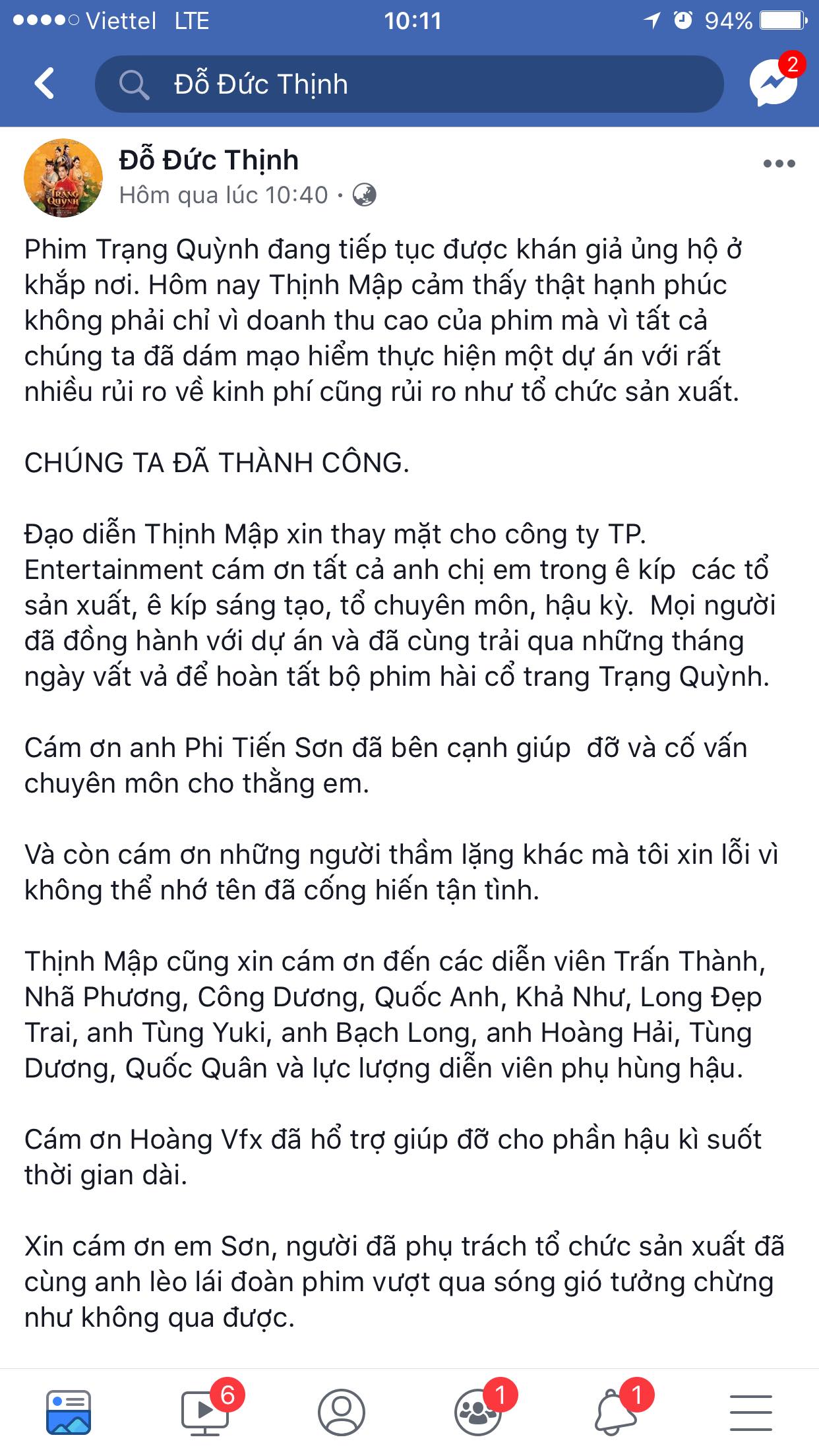 Trạng Quỳnh thu 70 tỷ, Đức Thịnh bất ngờ cảm ơn Trấn Thành