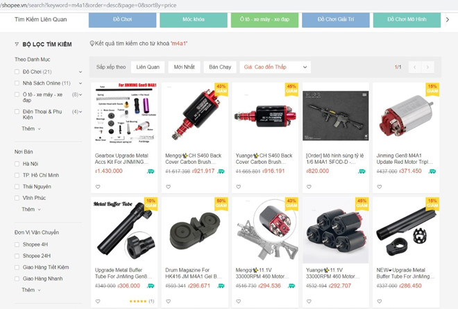 Không chỉ Lazada, trên Shopee cũng bày bán thiết bị lắp ráp súng