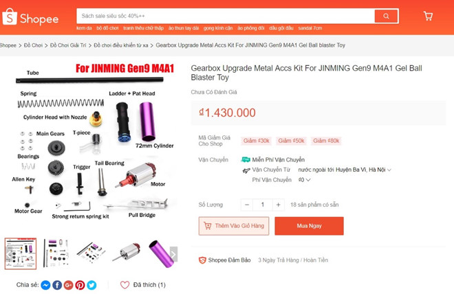 Không chỉ Lazada, trên Shopee cũng bày bán thiết bị lắp ráp súng