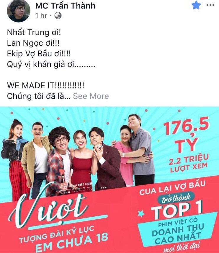 Trấn Thành nói gì khi Cua lại vợ bầu vượt mặt Em chưa 18, trở thành phim Việt có doanh thu cao nhất mọi thời đại?