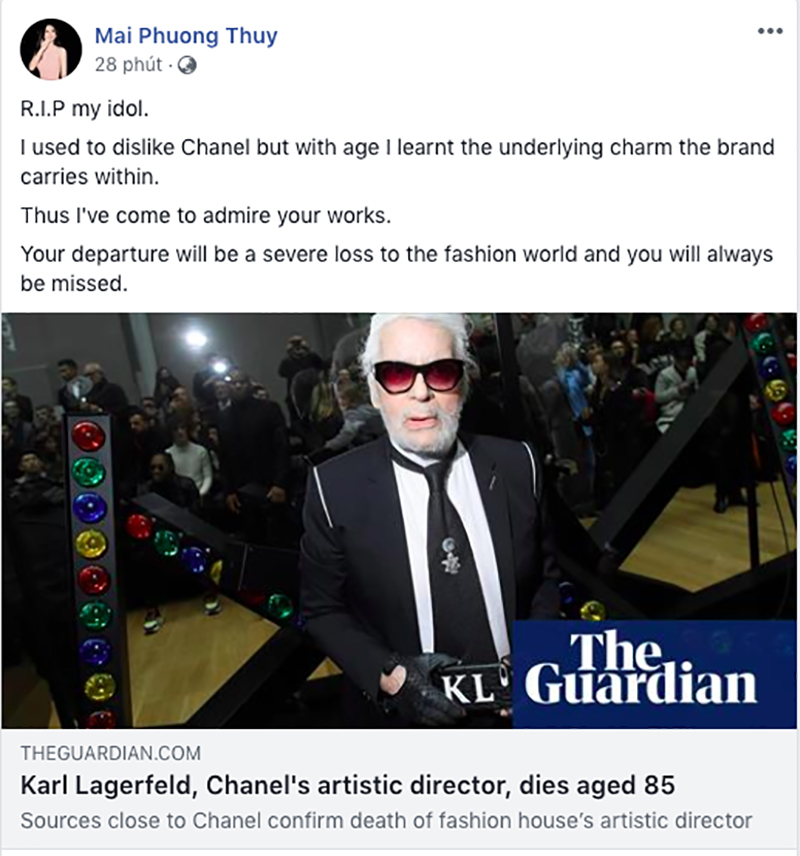 Hoa hậu Mai Phương Thuý, Á hậu Phương Nga và nhiều NTK, stylist thương tiếc trước sự ra đi của huyền thoại thời trang Karl Lagerfeld