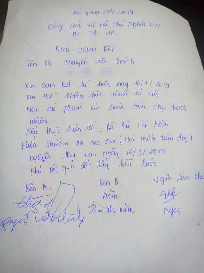 Xôn xao bản cam kết chồng bỏ thuốc lá trong 3 tháng, vợ hứa thưởng 20 triệu đồng