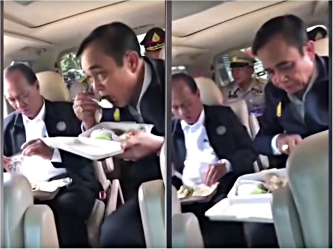 Thủ tướng Thái Lan ăn cơm hộp trên đường đi tiếp xúc người dân