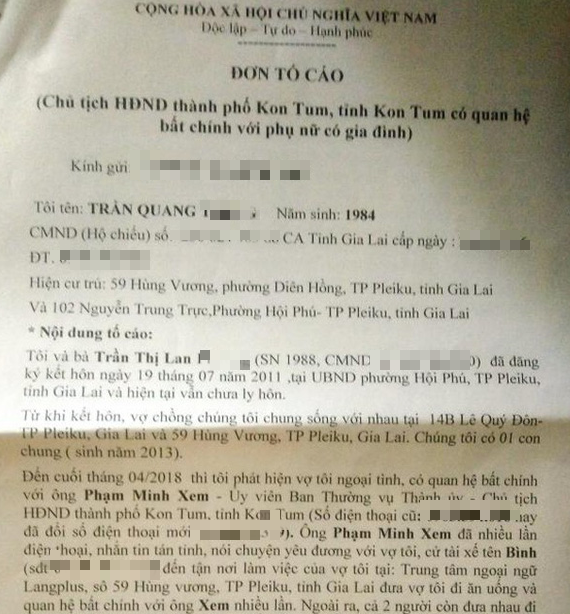 Phó Bí thư thành ủy Kon Tum nói tình cảm chưa sâu sắc khi bị tố cử lái xe đón vợ người khác đi quan hệ bất chính