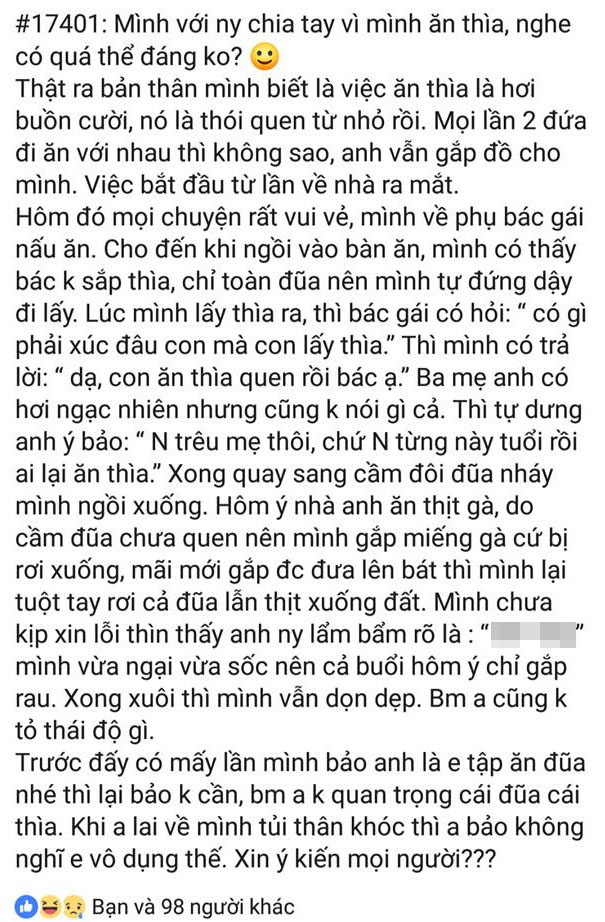 Dân mạng tranh cãi xoay quanh câu chuyện cô gái bị bạn trai đá vì không biết ăn thìa