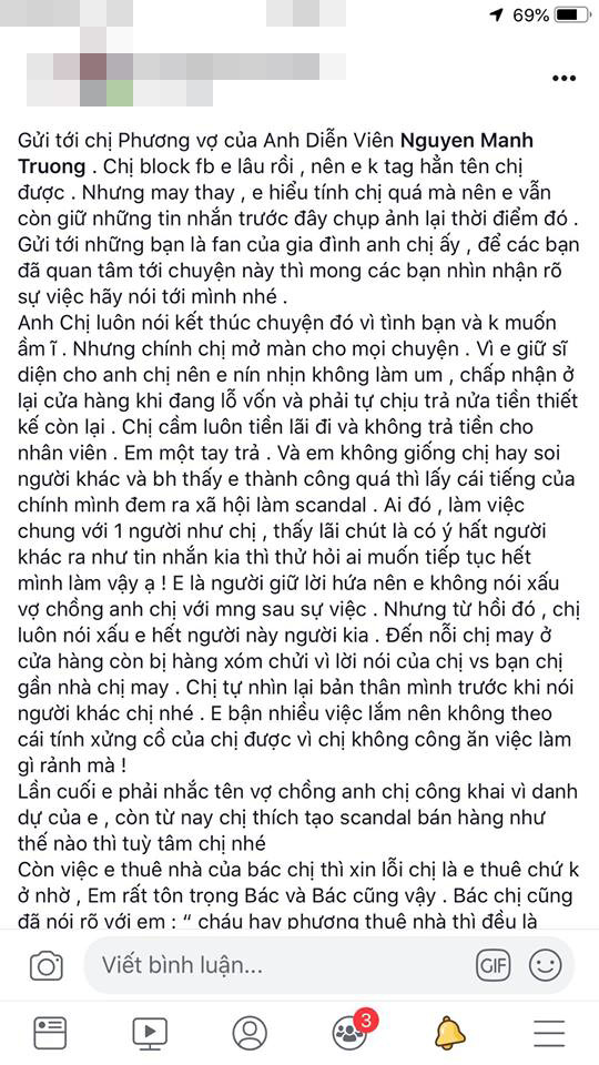 Mạnh Trường lên tiếng bênh vực vợ trước ồn ào khẩu chiến với nữ diễn viên trẻ về chuyện không sòng phẳng trong kinh doanh