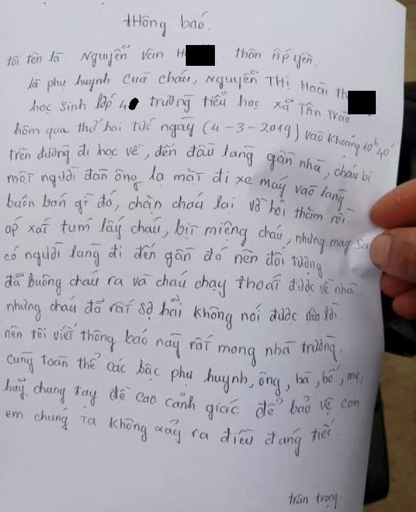 Sự thật thông tin học sinh lớp 4 ở tỉnh Hải Dương bị bắt cóc hụt trên đường đi học về