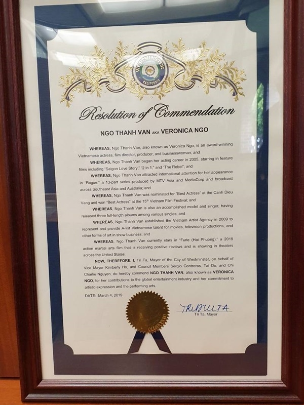 Hai Phượng thành công ở Mỹ, Ngô Thanh Vân được Thị trưởng thành phố Westminster vinh danh