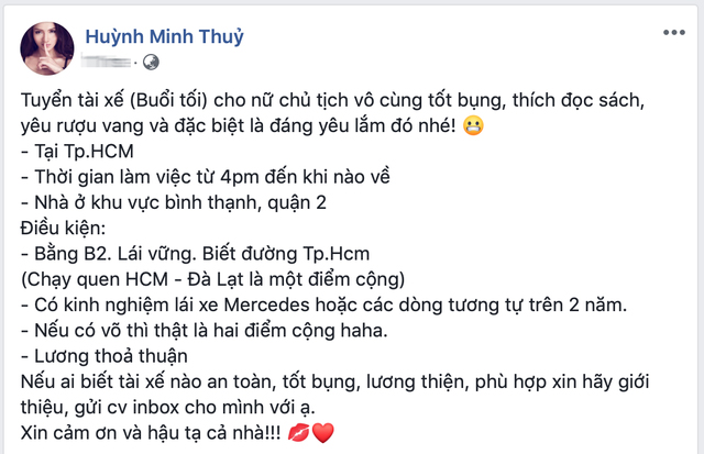 Thuỷ Top tuyển tài xế lái xe Mercedes-Benz GLC, yêu cầu gây chú ý