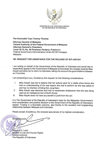 Lá thư Indonesia gửi Malaysia để phóng thích cô gái trong nghi án Kim Jong-nam