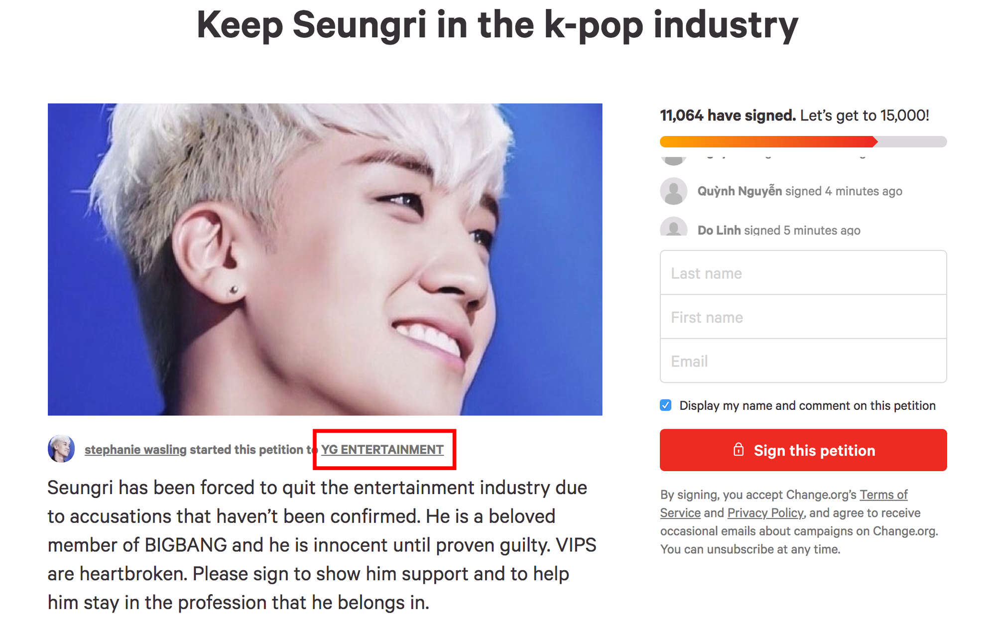 Đòi giữ Seungri lại Kbiz, cộng đồng fan lập bản kiến nghị gây chú ý: Đã đạt gần 12.000 chữ ký, rất nhiều fan Việt tham gia