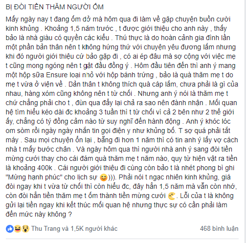 Cạn lời với anh chàng chia tay 1 năm rưỡi mới đòi lại tiền mua quà thăm mẹ bạn gái ốm