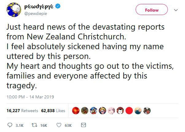 PewDiePie lên tiếng sau khi bị kẻ xả súng tại New Zealand nhắc tới trong lúc livestream PewDiePie lên tiếng sau khi bị kẻ xả súng tại New Zealand nhắc tới trong lúc livestream