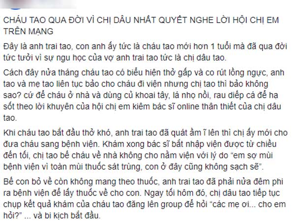 Câu chuyện đứa bé qua đời chỉ vì mẹ mù quáng tin các bác sĩ online được share mạnh mẽ khiến hội chị em hoang mang