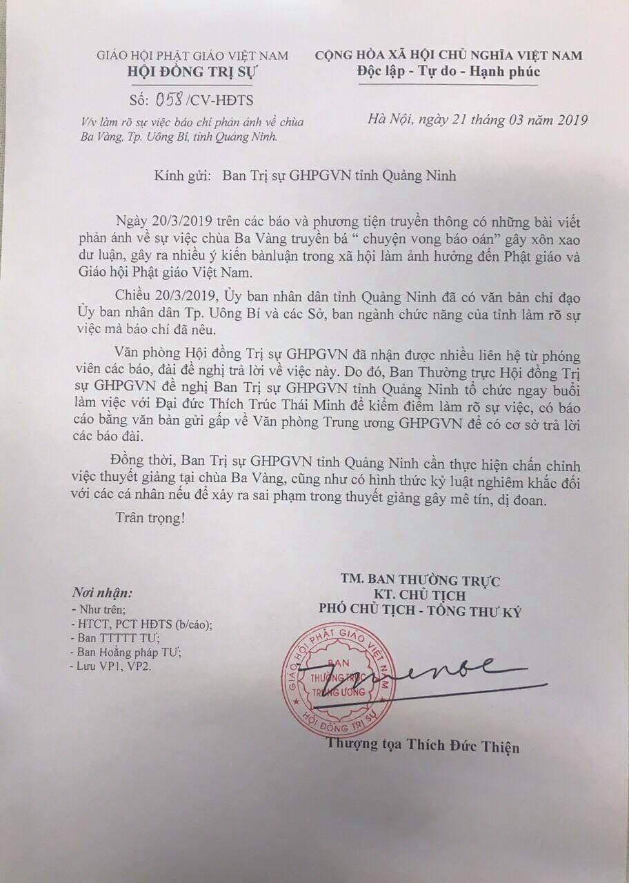 Sẽ xem xét kiểm điểm trụ trì chùa Ba Vàng vụ thỉnh vong báo oán