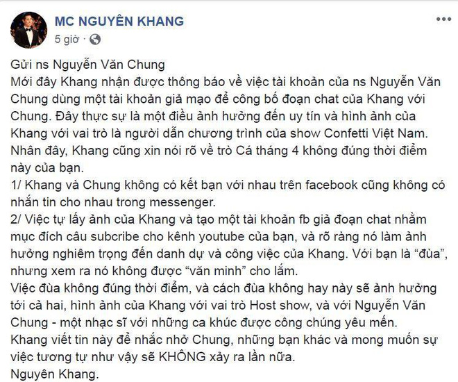 MC Nguyên Khang bức xúc vì bị nhạc sĩ Nguyễn Văn Chung mạo danh, gây ảnh hưởng uy tín