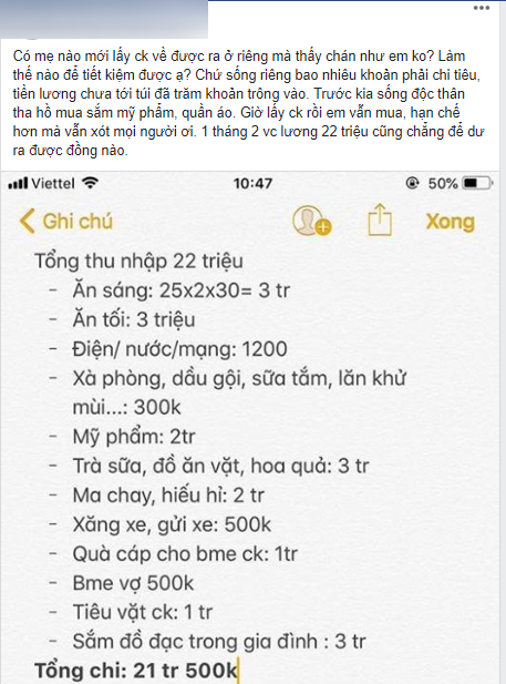 Lương tháng 22 triệu mà tiêu hết 21,5 triệu, vợ trẻ bị hội chị em ném đá không thương tiếc vì khoản chi này