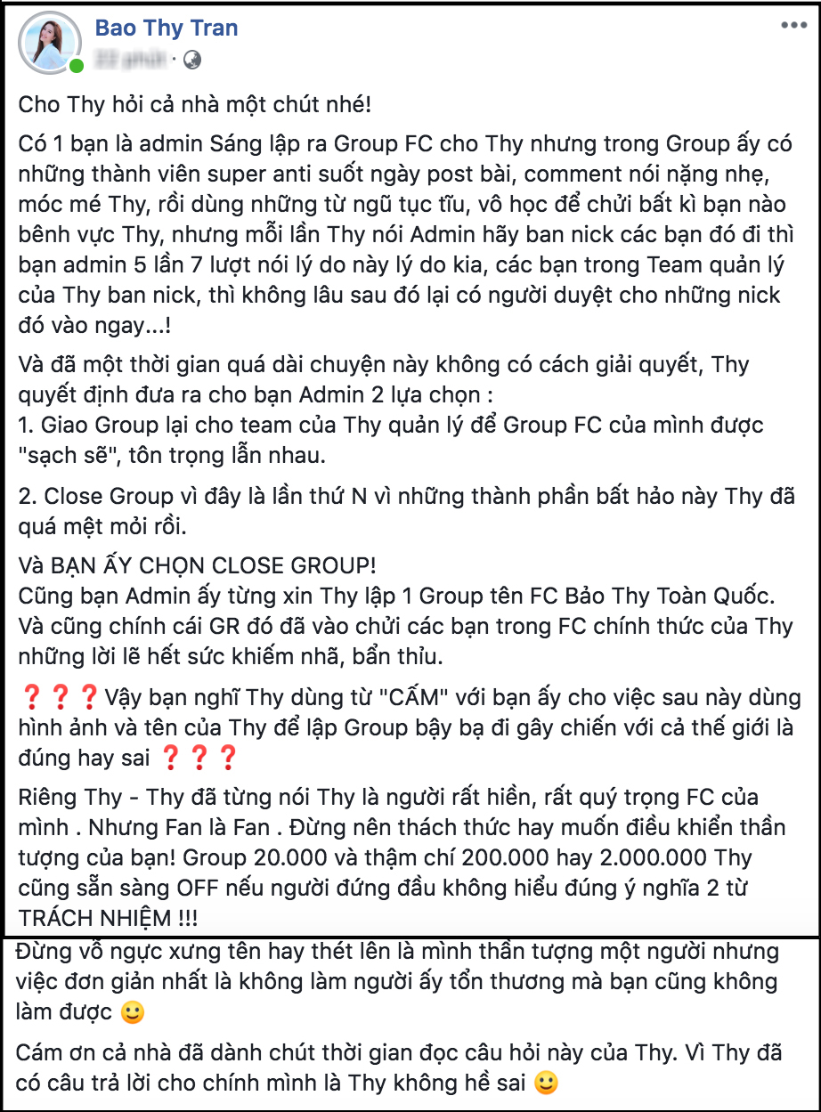 Bảo Thy bức xúc đóng cửa FC 20 nghìn thành viên vì bị một số người trong nhóm chỉ trích, chửi mắng