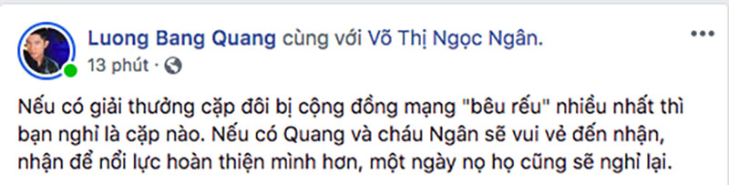 Sau khi phẫu thuật thẩm mỹ, Lương Bằng Quang lại muốn cùng cháu gái thị phi đi nhận giải thưởng chẳng mấy hay ho này