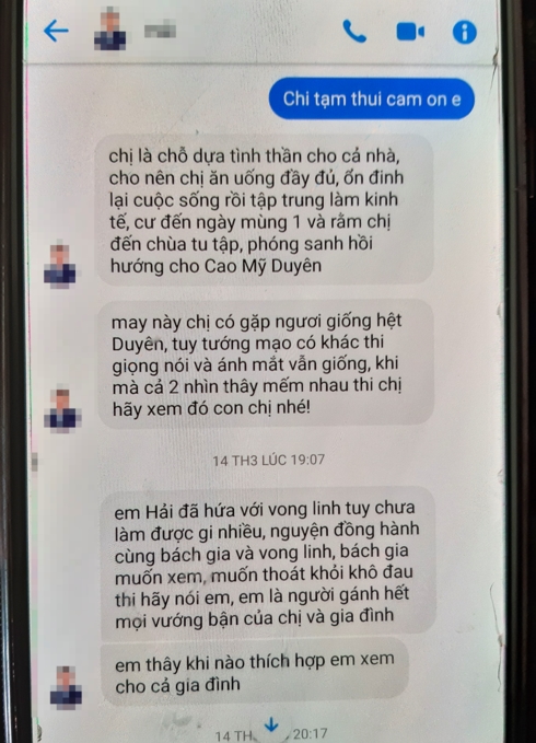 Mẹ nữ sinh Cao Mỹ Duyên nhận nhiều tin nhắn gạ gẫm cúng vong