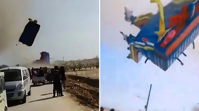 Kinh hoàng cơn lốc dữ thổi tung nhiều trẻ em trong lâu đài hơi lên không trung