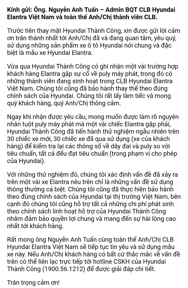 Hyundai Thành Công nói gì về sự cố tuột puly máy phát trên Elantra?