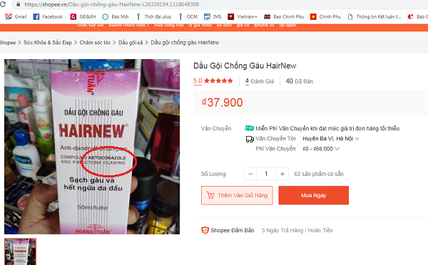 Sendo, Lazada, Shopee... bán dầu gội chống gàu HairNew chứa chất cấm cho người tiêu dùng