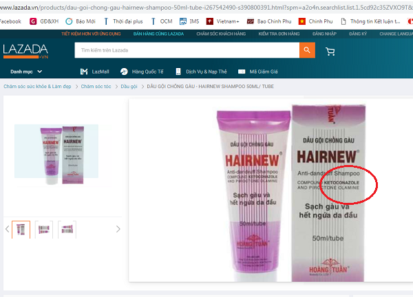 Sendo, Lazada, Shopee... bán dầu gội chống gàu HairNew chứa chất cấm cho người tiêu dùng