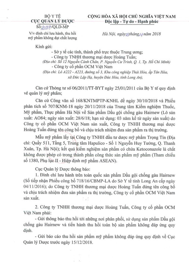 Sendo, Lazada, Shopee... bán dầu gội chống gàu HairNew chứa chất cấm cho người tiêu dùng