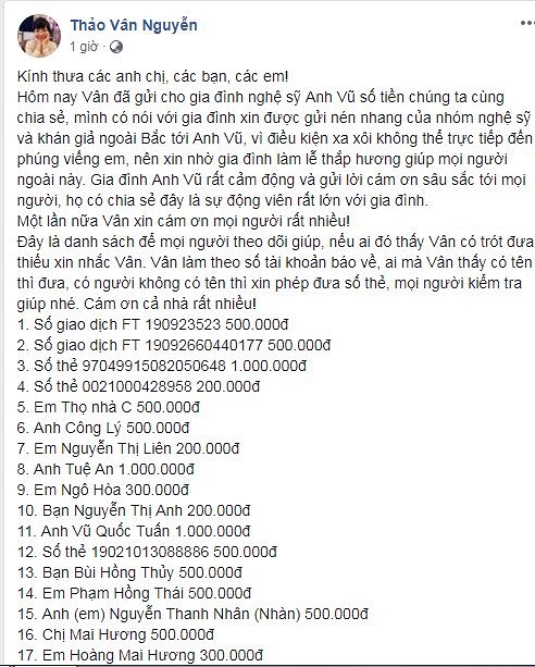 MC Thảo Vân thay mặt nhiều nghệ sĩ miền Bắc gửi tiền phúng viếng đến gia đình nghệ sĩ Anh Vũ