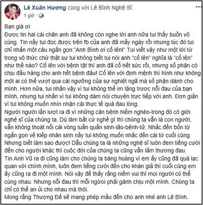 MC Đại Nghĩa đứng ra kêu gọi giúp đỡ nghệ sĩ Lê Bình: Hãy cùng chia sẻ với chú bằng những gì thiết thực nhất trước khi quá muộn MC Đại Nghĩa đứng ra kêu gọi giúp đỡ nghệ sĩ Lê Bình: Hãy cùng chia sẻ với chú bằng những gì thiết thực nhất trước khi quá muộn