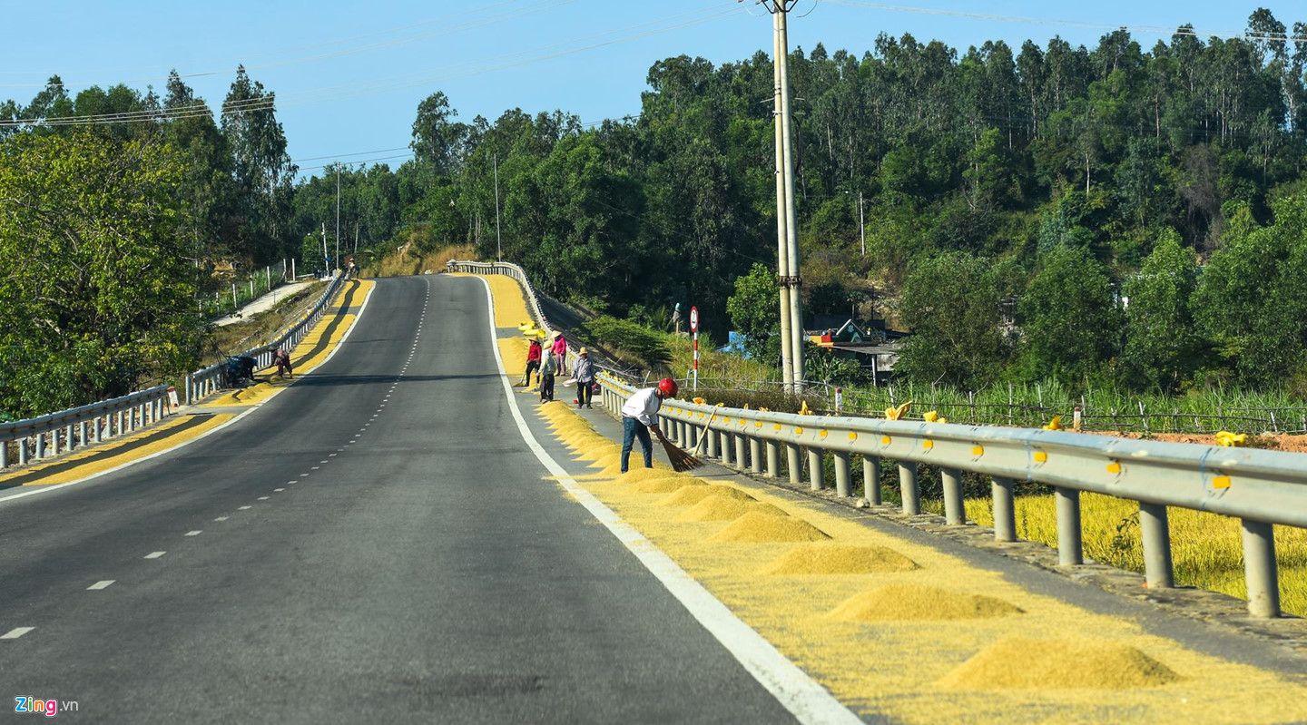 Dân phơi lúa tràn lan trên quốc lộ 1
