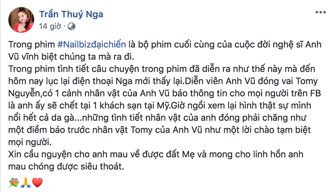 Nổi da gà khi Thúy Nga tiết lộ điều trùng hợp về sự ra đi của Anh Vũ và vai diễn cuối cùng của anh trên màn ảnh