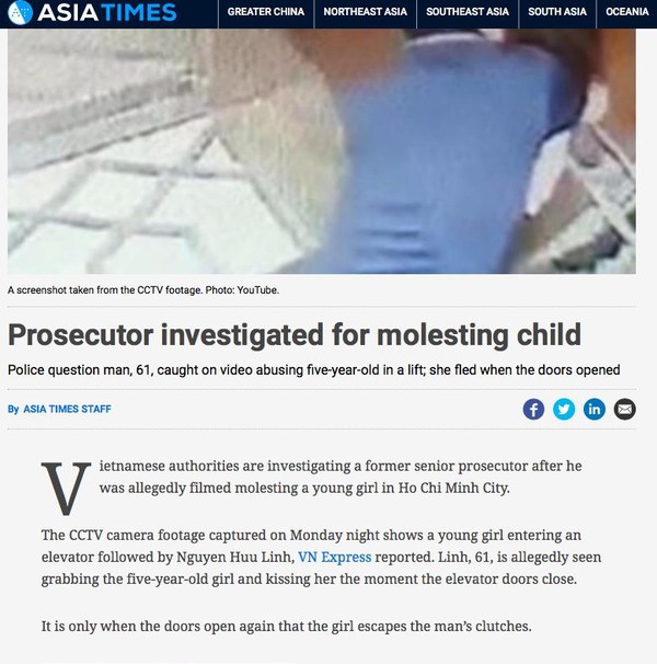 Báo nước ngoài đưa tin vụ nguyên Phó Viện trưởng VKSND Đà Nẵng sàm sỡ bé gái trong thang máy