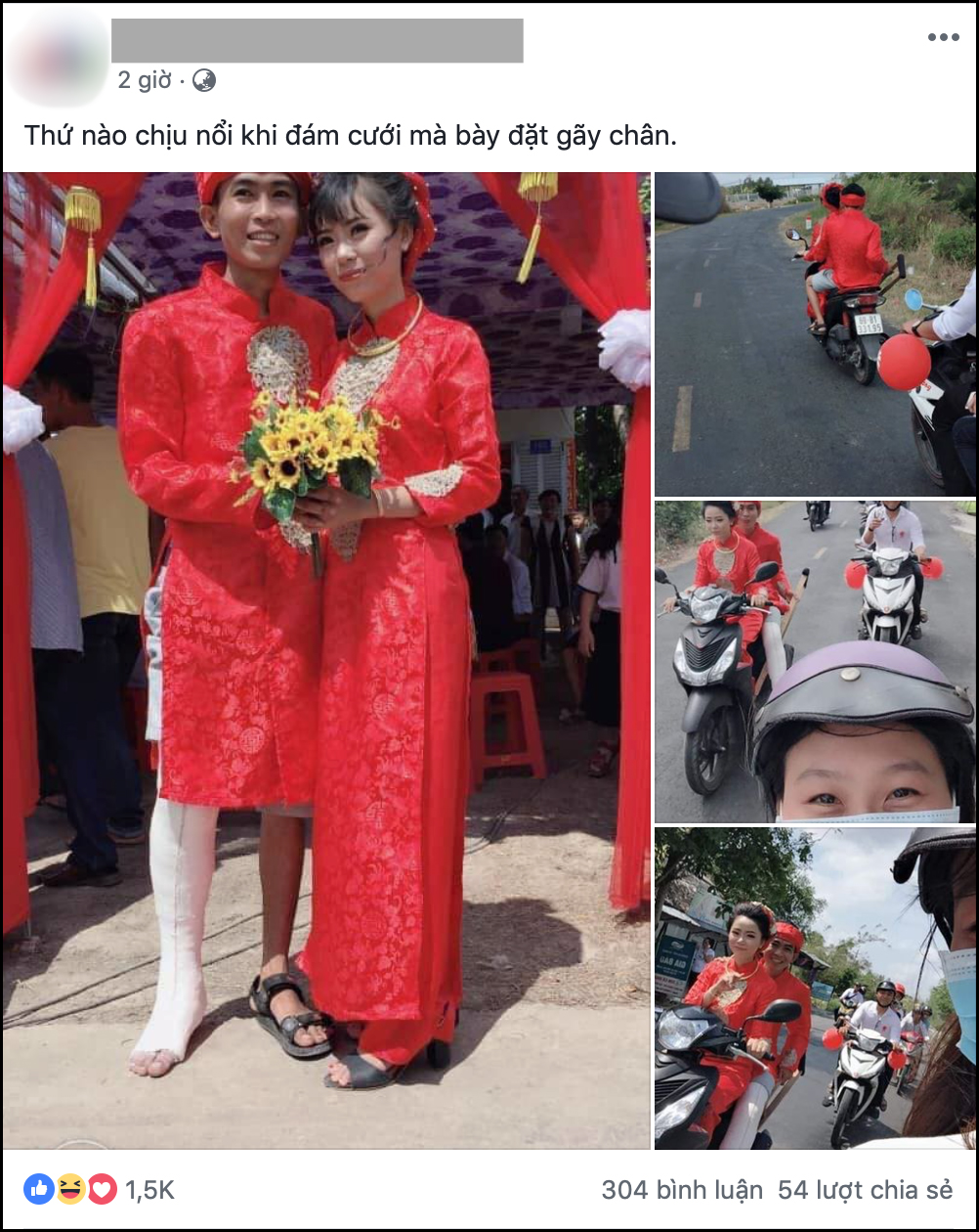 Hình ảnh chú rể bó bột chân, được cô dâu rước bằng xe máy khiến nhiều người vừa thương lại không nhịn được cười