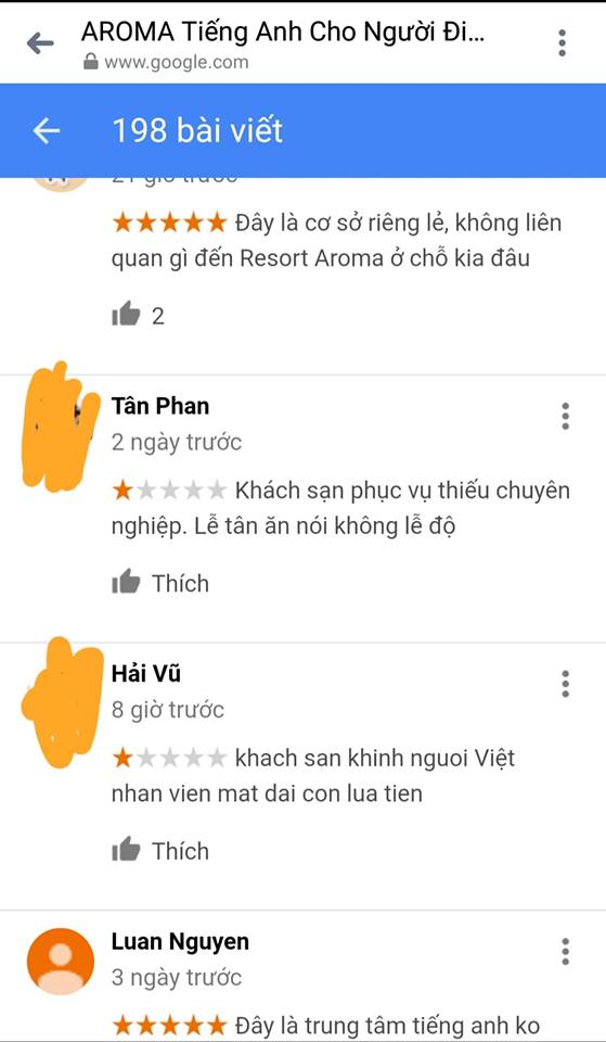 Đánh giá 1 sao cho trung tâm tiếng Anh chỉ vì trùng tên với Aroma Resort, lời cảnh tỉnh của nạn nhân tới các anh hùng bàn phím