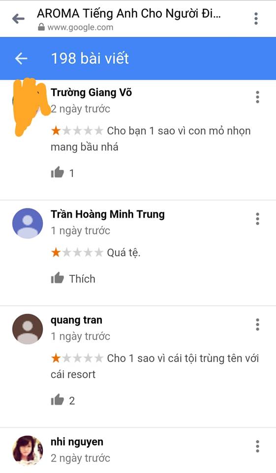 Đánh giá 1 sao cho trung tâm tiếng Anh chỉ vì trùng tên với Aroma Resort, lời cảnh tỉnh của nạn nhân tới các anh hùng bàn phím