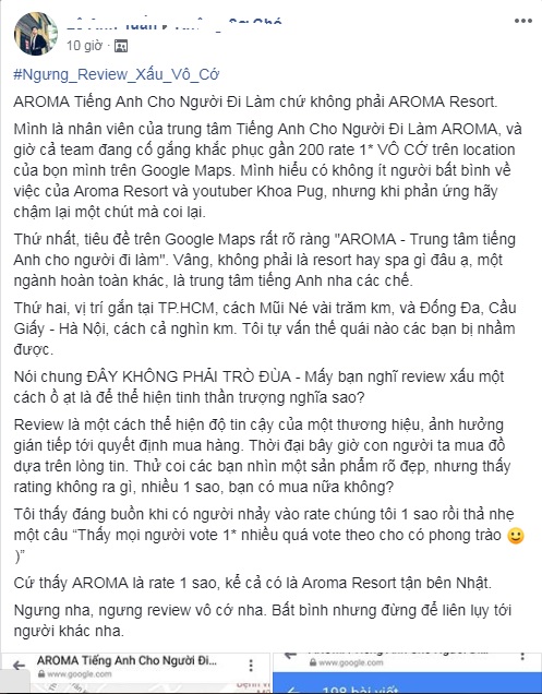 Đánh giá 1 sao cho trung tâm tiếng Anh chỉ vì trùng tên với Aroma Resort, lời cảnh tỉnh của nạn nhân tới các anh hùng bàn phím