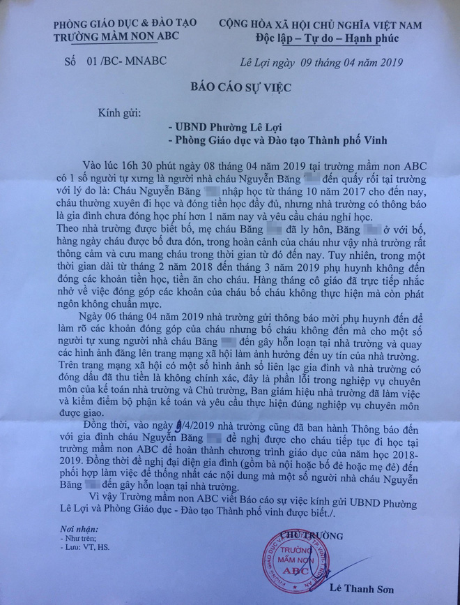 Vụ bé 5 tuổi bị đuổi học vì nợ 40 triệu: Chủ trường tố ngược lại phụ huynh