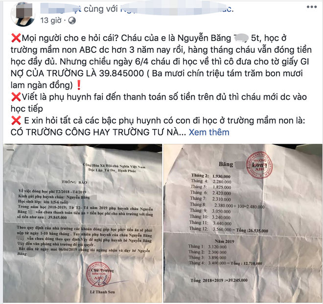 Xôn xao thông tin bé 5 tuổi bị trường mầm non đuổi học vì nợ gần 40 triệu tiền học phí