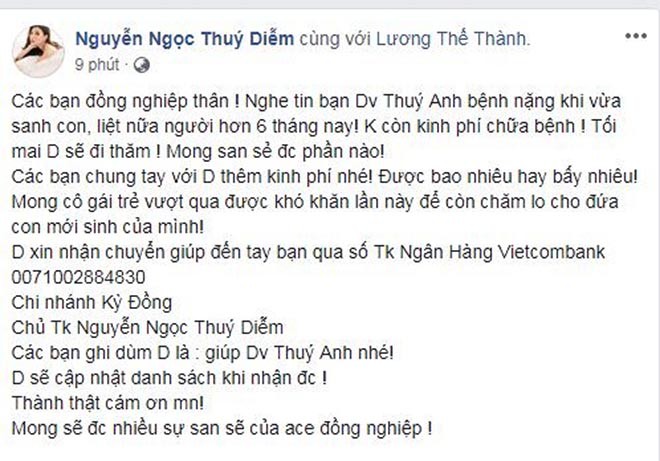 Nữ diễn viên Thúy Anh bị xuất huyết não, liệt nửa người sau khi sinh con