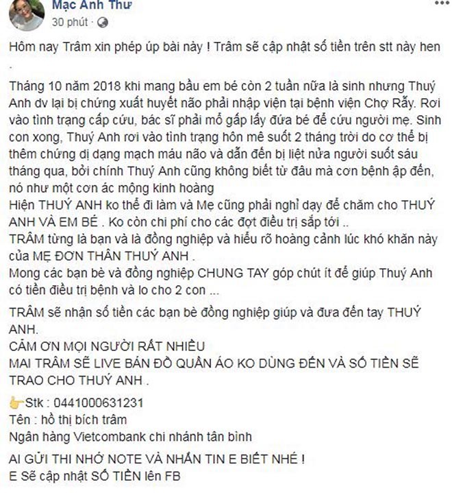 Nữ diễn viên Thúy Anh bị xuất huyết não, liệt nửa người sau khi sinh con