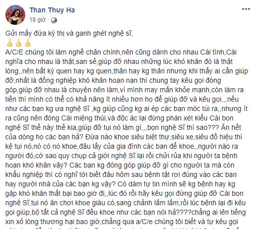 Nghệ sĩ bị miệt thị thường ngày hay khoe khoang giàu có nhưng đến khi bệnh tật lại kêu gọi giúp đỡ, Thân Thúy Hà bức xúc phản pháo