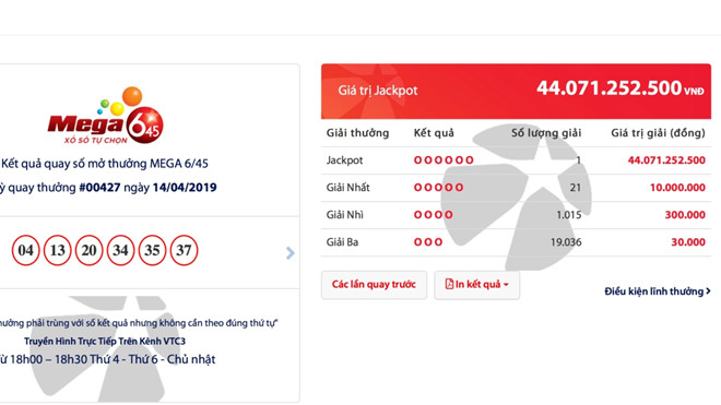 Một khách hàng trúng hơn 44 tỉ Vietlott, giải 110 tỉ vẫn chưa có chủ Một khách hàng trúng hơn 44 tỉ Vietlott, giải 110 tỉ vẫn chưa có chủ