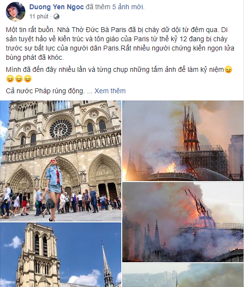 Loạt sao Việt đau xót khi Nhà thờ Đức Bà Paris bốc cháy ngùn ngụt, đỉnh tháp 850 năm tuổi sụp đổ