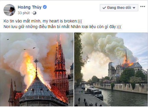 Loạt sao Việt đau xót khi Nhà thờ Đức Bà Paris bốc cháy ngùn ngụt, đỉnh tháp 850 năm tuổi sụp đổ