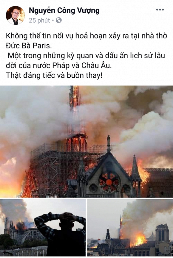 Loạt sao Việt đau xót khi Nhà thờ Đức Bà Paris bốc cháy ngùn ngụt, đỉnh tháp 850 năm tuổi sụp đổ