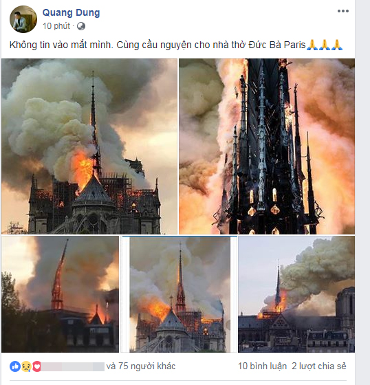 Loạt sao Việt đau xót khi Nhà thờ Đức Bà Paris bốc cháy ngùn ngụt, đỉnh tháp 850 năm tuổi sụp đổ
